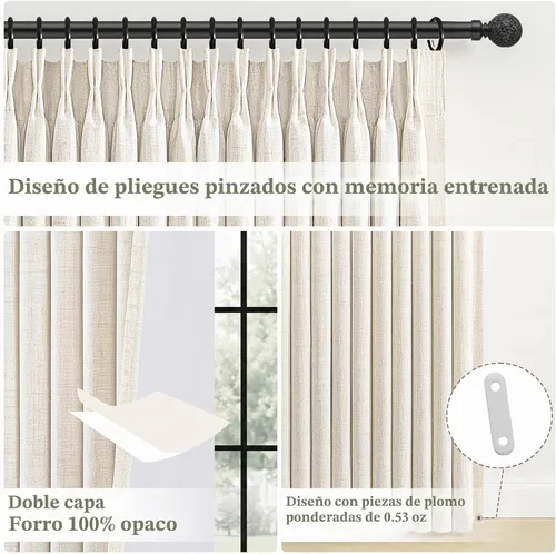 Vista 3 de Cortinas plisadas de lino opacas de 96 pulgadas de largo, juego de 2 paneles para oscurecer la sala de estar/dormitorio, cortinas térmicas virales