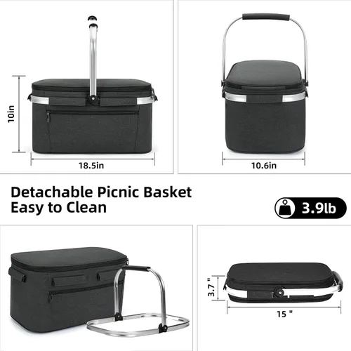 Vista 4 de ALLCAMP Cesta de pícnic, 2 cajas de hielo incluidas con enfriador aislado de 32 litros, cesta de picnic plegable gruesa con cestas extraíbles