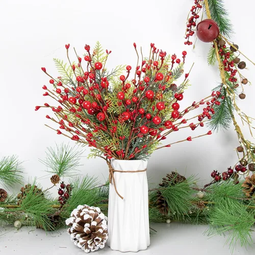 Vista 2 de LLZLL Christmas Tree Decorations 6 Pack Christmas Floral Picks17 inch Red Berry Picks with Holly Berries for Xmas Winter Holiday Home DIY Ornaments
