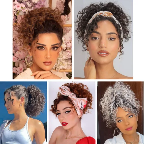 Vista 6 de Extension de cabello con moño desordenado, textura Yaki, con cabello suelto, ondulado y rizado, corto, con cordón de ajuste, extensiones de cola