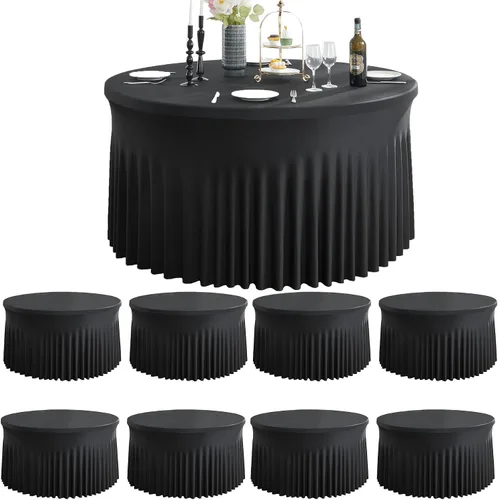 Vista 17 de Paquete de 6 manteles redondos de elastano azul bebé para mesa de 60 pulgadas, manteles elásticos de 120 pulgadas ajustables de 5 pies, manteles