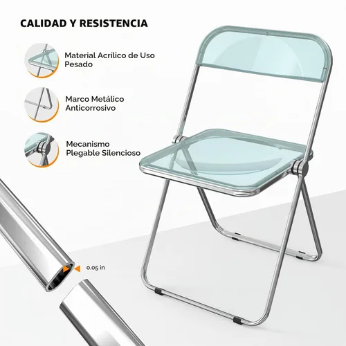 Vista 4 de VINGLI Paquete de 2 sillas plegables de acrílico, silla transparente plegable y apilable, panel de plástico y marco cromado de metal, capacidad