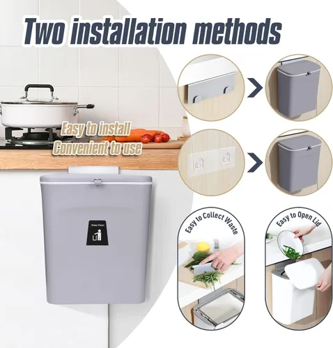 Vista 3 de Domiella Cubo de basura colgante de 2.4 galones con tapa, cubo de basura de cocina para encimera o debajo del fregadero, contenedor de basura Gris