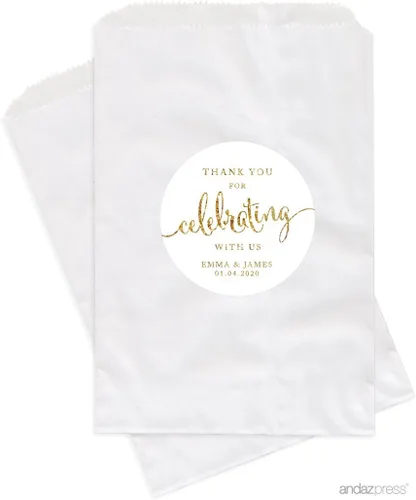 Vista 13 de Andaz Press Bolsas de regalo personalizadas para mesa de postre, agradecimiento por celebrar con nosotros, aguamarina, paquete de 24, personalizadas