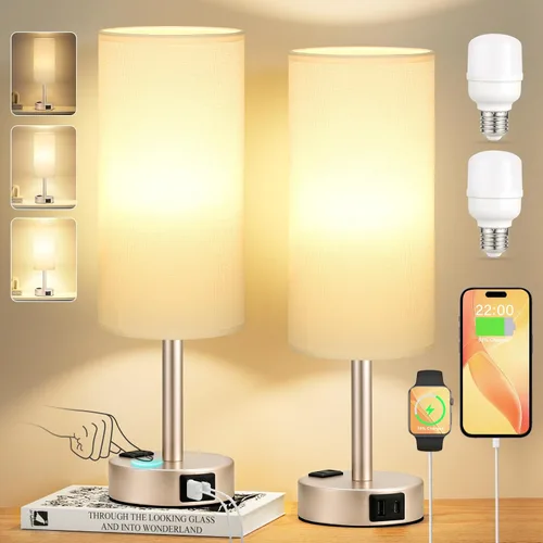 Vista 9 de Juego de 2 lámparas de mesa táctiles para dormitorio en blanco, lámparas de noche regulables de 3 niveles con puertos USB C y A, lámparas de mesita