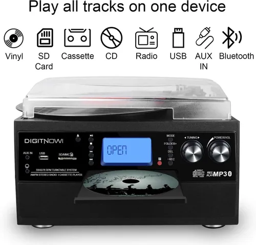Vista 4 de FEKTIK Tocadiscos Bluetooth 10 en 1 con altavoz integrado, reproductor de discos de vinilo, casete de CD y radio FM, entrada AUX en salida RCA, USB