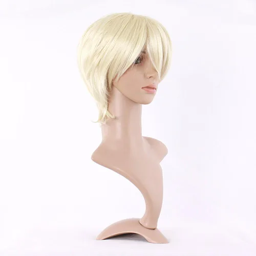 Vista 2 de MapofBeauty Peluca sintética con flequillo lateral corto y recto para fiesta de cosplay (rubio claro), Rubio claro