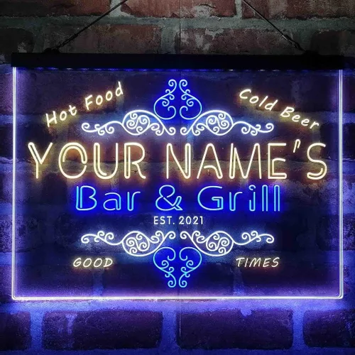 Vista 15 de Letrero de luz de neón LED tricolor personalizado para bar y parrilla, nombre personalizado, fecha, texto, cita, fuente blanco, azul y rojo, 17.7 x