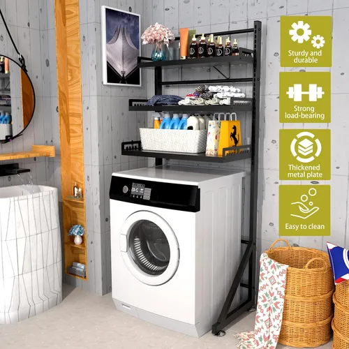 Vista 5 de Estante de almacenamiento para lavadora de 3 niveles de altura ajustable, organizador de almacenamiento grande para baño para ahorrar espacio (negro)