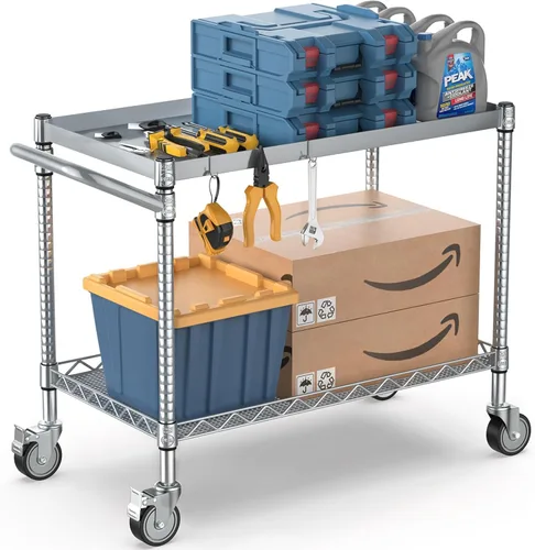 Vista 8 de Leteuke Carrito de herramientas de 2 niveles con ruedas, carrito utilitario rodante resistente con asa, carrito de almacenamiento de servicio