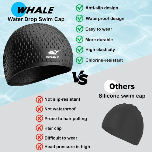 Vista 7 de Whlae Gorro de natación extra grande, con una correa de silicona duradera y diseño de oreja impermeable, adecuado para cabello largo, cabello rizado