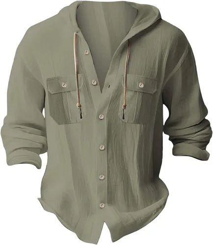 Vista 3 de Sudaderas con capucha de lino y algodón para hombre, camisas guayabera de manga larga con capucha con cordón y botones, camisas de playa