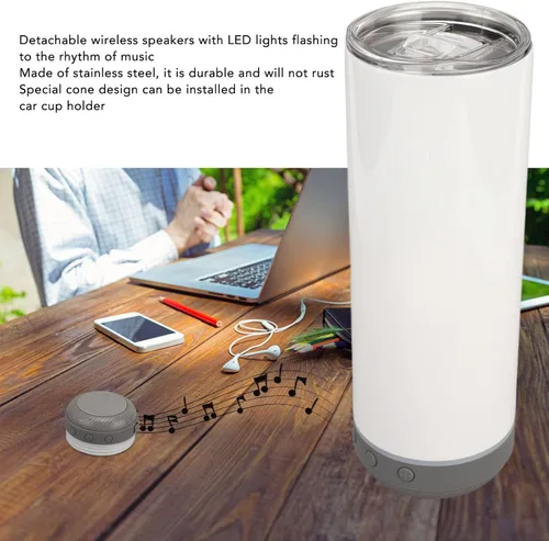 Vista 3 de Vaso de sublimación de 20 onzas, tazas aisladas de acero inoxidable 304, termos de doble pared al vacío desmontable con altavoz y luces LED, vaso