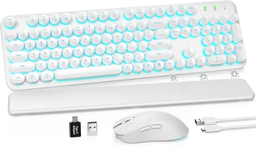 Vista 21 de Combo de teclado y mouse inalámbricos, teclado retro con teclas redondas, teclado estilo máquina de escribir de tamaño completo con reposamuñecas