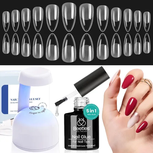Vista 19 de Kit de extensión de uñas en gel Beetles, forma almendra, fácil set de pegamento UV LED de 9 en 1, puntas de uñas Etch X, puntas cortas de almendra