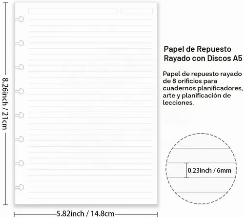 Vista 2 de Papel de repuesto para discos de tamaño junior, 8 discos, recambio de papel de arco rayado, 100 gsm, papel blanco de recambio de papel de disco, 100