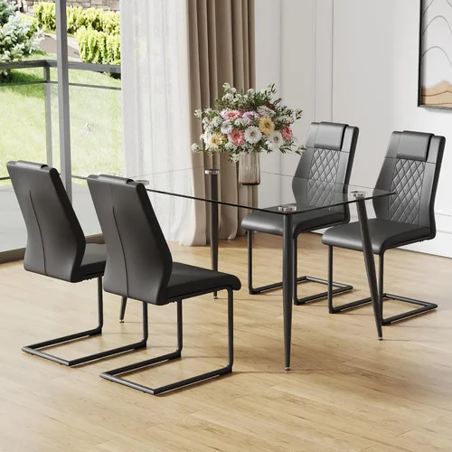Vista 6 de Ebullient Mesa de comedor de cristal, mesa rectangular moderna de 51 pulgadas con amplia mesa de vidrio templado y patas de mesa de metal negro