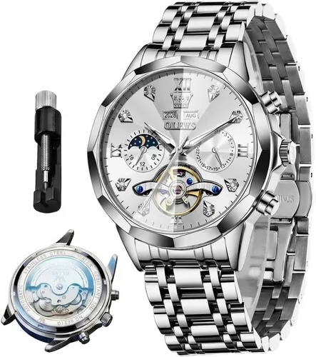 Vista 13 de OLEVS Relojes automáticos para hombre, reloj mecánico de lujo con cuerda automática, Tourbillon, reloj de esqueleto, reloj de negocios con diamantes