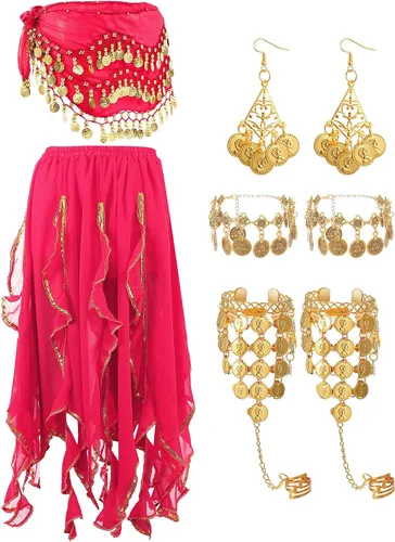 Vista 28 de Haysandy Conjunto de 8 piezas de danza del vientre para mujer, falda de danza del vientre, bufanda de cadera, 2 pulseras, aretes, pulsera de tobillo