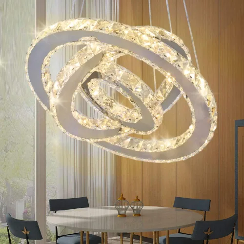 Vista 14 de Candelabro LED de cristal con iluminación regulable LED moderna lámpara de techo de 3 anillos ajustable de acero inoxidable para dormitorios y sala