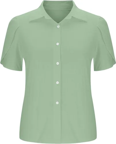 Vista 3 de Camisetas de verano para mujer, de manga corta, pétalos, de lino, con bolsillo, casual, con botones, blusas básicas