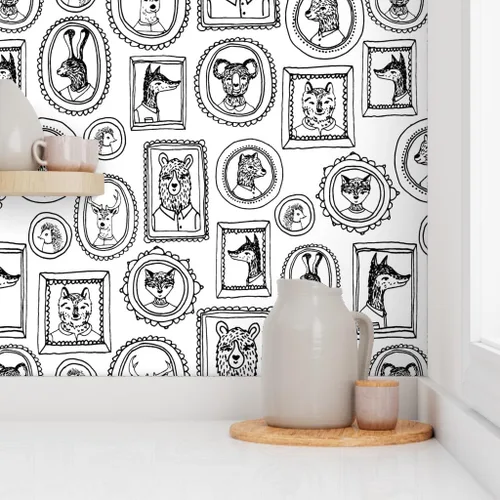 Vista 8 de Spoonflower Papel tapiz para despegar y pegar, marco de retrato de animales caprichoso, bosque, negro, blanco, cuarto de niños, papel tapiz