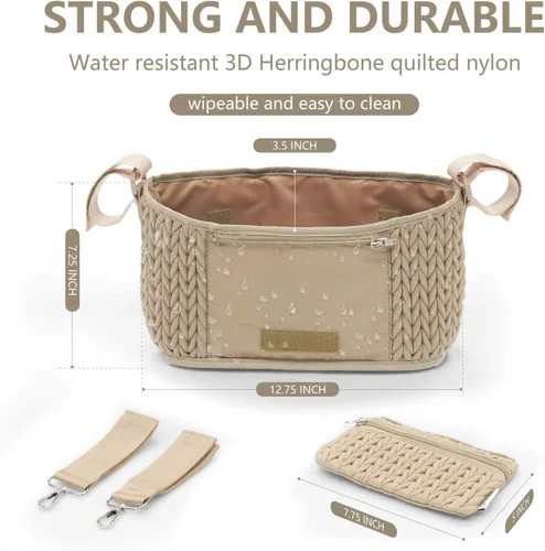 Vista 4 de Organizador de cochecito - Elegante nailon acolchado en espiga 3D, ajuste universal, bolsa desmontable, almacenamiento múltiple ajustable