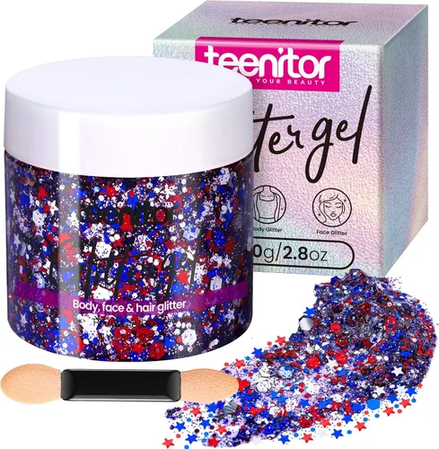 Vista 17 de Teenitor Purpurina Azul para el Cuerpo, Purpurina para la Cara, Gel de Purpurina para el Cuerpo, Gel de Purpurina para el Cabello, 80 g/2.8 oz