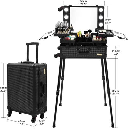 Vista 4 de Maletín de aluminio para maquillaje con luces LED, organizador profesional de cosméticos con altavoz, ruedas y soportes, estación de tocador