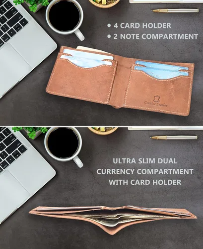 Vista 3 de Billetera de cuero para hombre, bolsillo frontal delgado y plegable con 4 ranuras para tarjetas y 1 compartimento, soporte para tarjetas múltiples