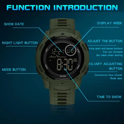Vista 4 de findtime Reloj deportivo digital rojo para hombre, reloj para hombre, táctico, militar, 5ATM, resistente al agua, para hombre, con luz LED, alarma
