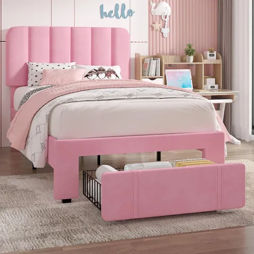 Vista 31 de VECELO Base de cama tapizada de tamaño matrimonial con 4 cajones y cabecero, plataforma de terciopelo, soporte de listones de madera, no necesita
