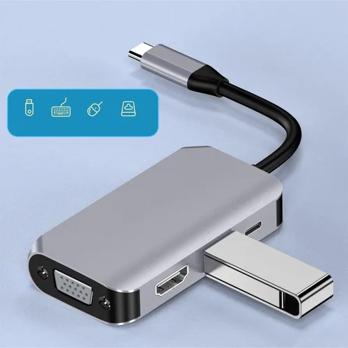 Vista 5 de Concentrador adaptador USB C, 4 en 1 USB tipo C a HDMI 4K, VGA, USB3.0 y USB-C PD multipuerto estación de acoplamiento compatible con dispositivos 4