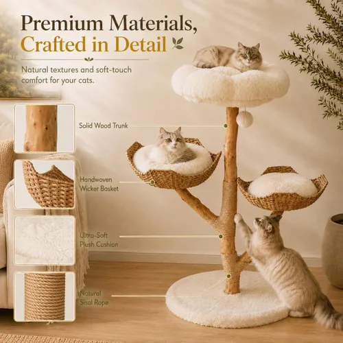 Vista 6 de Erinnyees Árbol para gatos de madera natural de 44.5 pulgadas con 2 camas