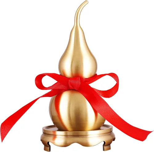 Vista 10 de Calabaza de latón Feng Shui Wu Lou con tira de la suerte roja para decoración de decoración de decoración del hogar, 7.87 pulgadas de alto, latón