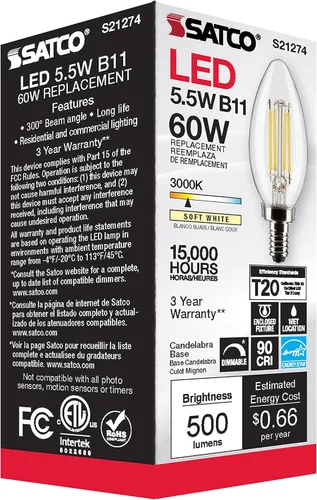 Vista 7 de Satco S21274 - Bombilla LED B11 transparente de 5.5 W, 3000 K, blanco cálido, paquete de 6