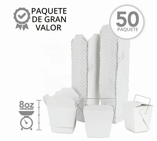 Vista 3 de Contenedores de comida para llevar con asa, 8 onzas, color blanco, para microondas, caja china para llevar (paquete de 50 unidades), resistente a