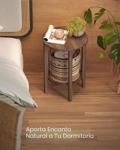Vista 4 de VASAGLE Mesa auxiliar redonda, mesa de centro de 2 niveles estilo boho con estante de almacenamiento de aspecto ratán, mesita de noche para espacios