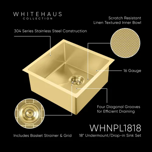Vista 5 de Whitehaus whnpl1818 Plus de Noé de 17 – 3/4" sola cuenca cocina fregadero para montaje bajo encimera o, con, WHNPL1818-B