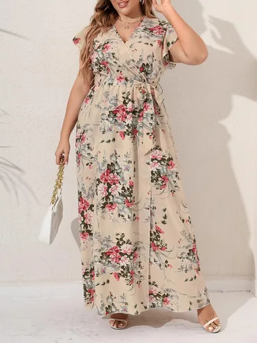 Vista 4 de MakeMeChic Vestido largo floral para mujer, talla grande, casual, bohemio, floral, manga corta, cintura alta, acampanado, con vuelo