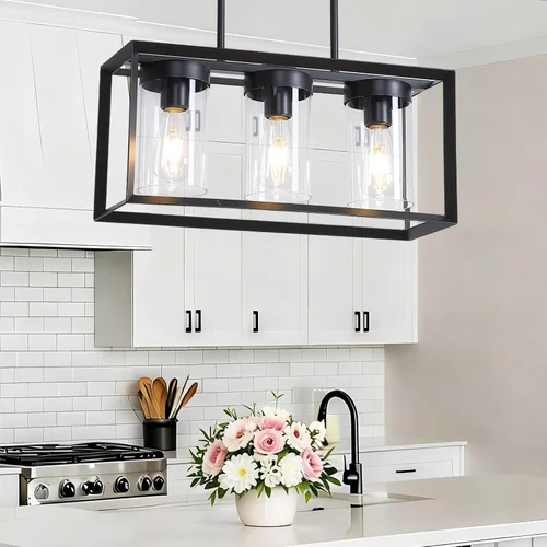 Vista 9 de Paquete de 1 lámpara colgante de isla de cocina negra de granja, altura ajustable, barra de metal colgante moderna con jaula de metal, pantalla