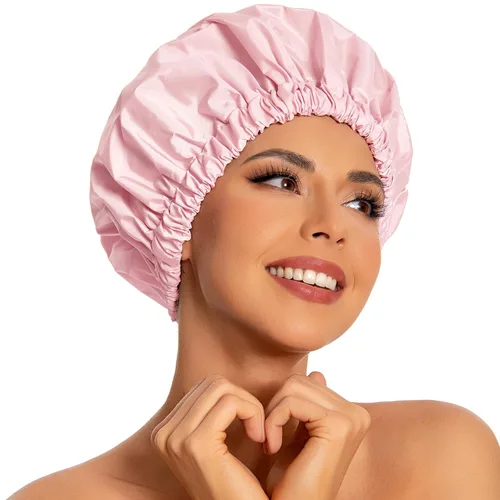 Vista 14 de Gorro de ducha reutilizable para mujer, grande, impermeable, lavable, banda elástica, accesorios de baño, sombrero para cabello largo, trenzas Beige