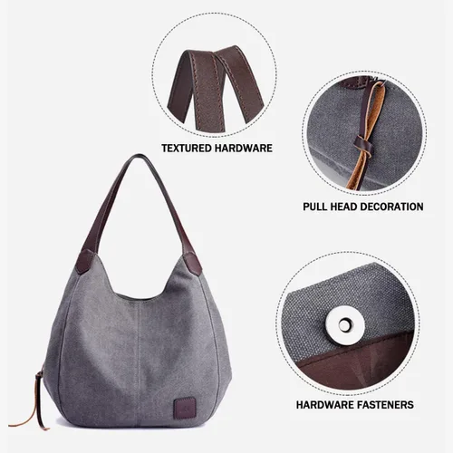 Vista 3 de Bolso Hobo de lona para mujer, bolsos de hombro con múltiples bolsillos