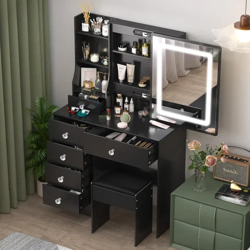 Vista 5 de Escritorio negro con espejo iluminado LED de 10 bombillas, mesa de tocador de maquillaje con asas de cristal, 6 cajones y taburete, tocador