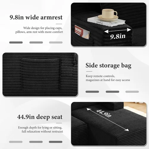 Vista 6 de Sofá modular moderno de 96 pulgadas para sala de estar, sofá modular tapizado sin hueso con bolsillos, cómodo sofá nube con diván en forma de L Negro