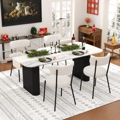Vista 25 de Juego de mesa de comedor ovalada negra moderna de 70.9 pulgadas para 4, mesa de cocina rectangular estilo crema con sillas negras Boucle, juego