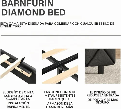 Vista 7 de BarnFurin Base de cama individual con cabecero, cama tapizada con diseño capitonado de diamante, marco de cama para niños con soporte de listones
