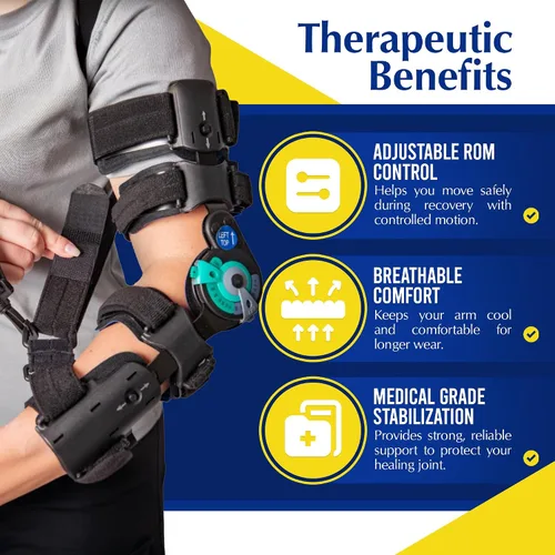 Vista 3 de L3761 - Codera con bisagras, inmovilizador de brazo y estabilizador Elbow support brace that aids post-op recovery & tendon repair, with an