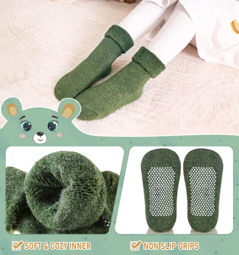Vista 3 de 6 pares de calcetines antideslizantes para bebés y niñas, calcetines cálidos con agarres para niños pequeños, de lana gruesa y suave, para invierno
