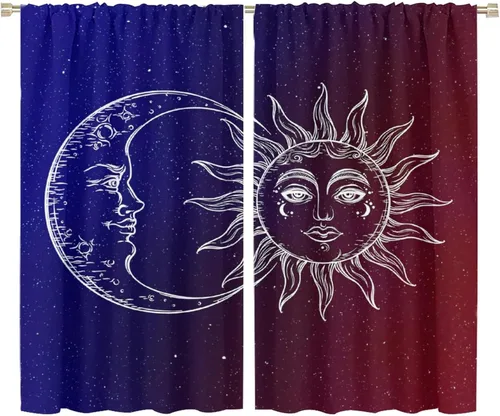 Vista 101 de Cortinas opacas con diseño de sol y luna, cuerpos celestes bohemios, con diseño de sol, luna y estrellas, para sala de estar, dormitorio, 42 x 45